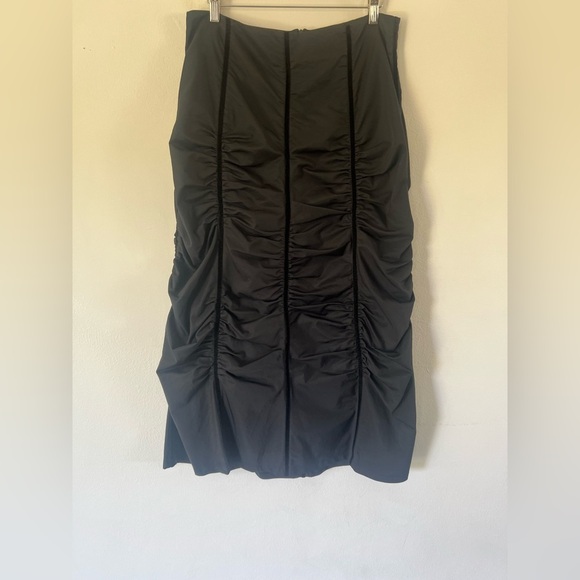 Ronen Chen Black Cotton & Velvet Striped Ruched Midi Skirt - Picture 1 of 7